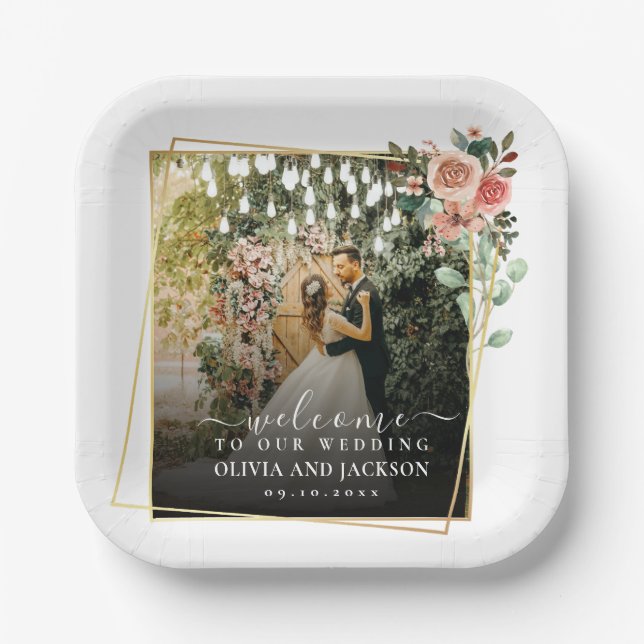 Welcome Party Pink Floral Golden Frame wedding Paper Plate (Front)