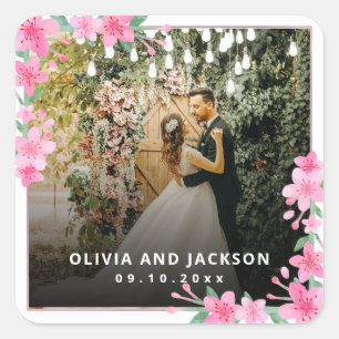 Welcome Party Pink Floral Golden Frame wedding Square Sticker