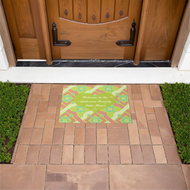 Welcome Personalized Pink Green and Blue Pattern Doormat (Outdoor)