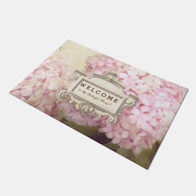 Welcome Personalized Vintage Style Pink Hydrangea Doormat (Angled)