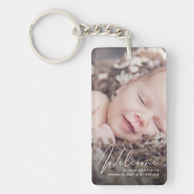 Welcome Photo White Script Birth Announcement Keychain (Front)