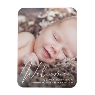 Welcome Photo White Script Birth Announcement Magnet