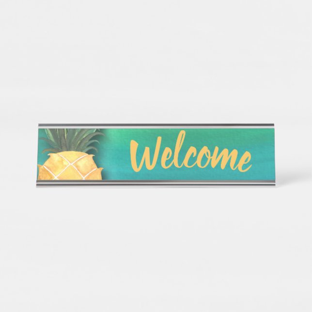 Welcome Pineapple Watercolor Stylish Office Desk Name Plate (Front)