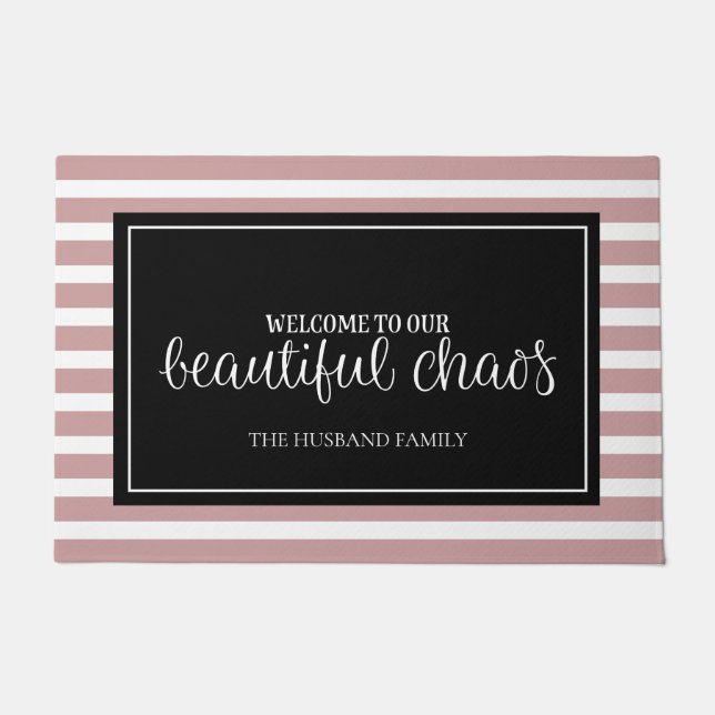 Welcome Pink and White Personalized Family Name  Doormat (Front)