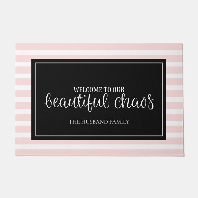 Welcome Pink and White Personalized Family Name  Doormat (Front)
