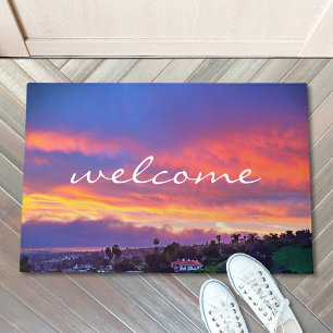 Welcome Pink Blue Yellow Sunset Coastal Photo  Doormat
