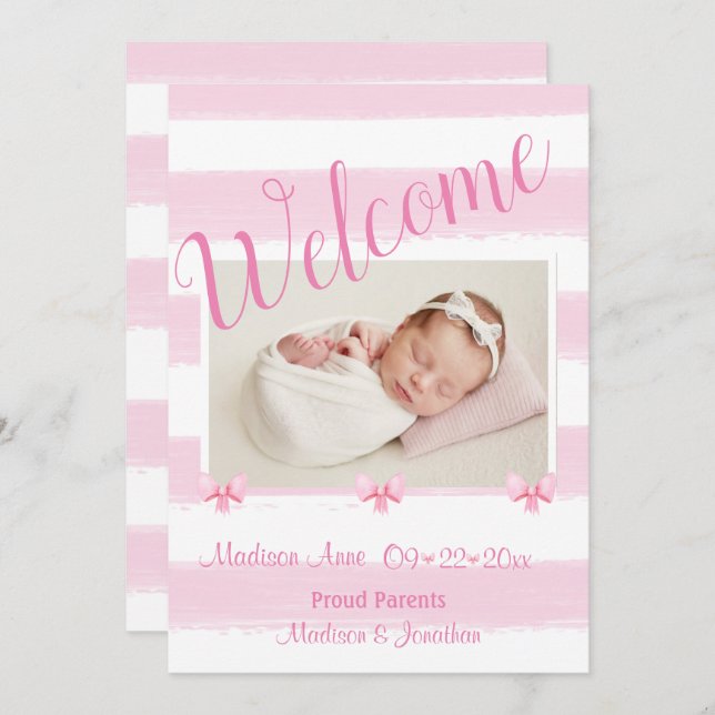 Welcome Pink Photo Script Personalize Girly Birth Announcement (Front/Back)