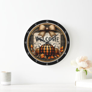Welcome Plaid Pumpkins Large Clock
