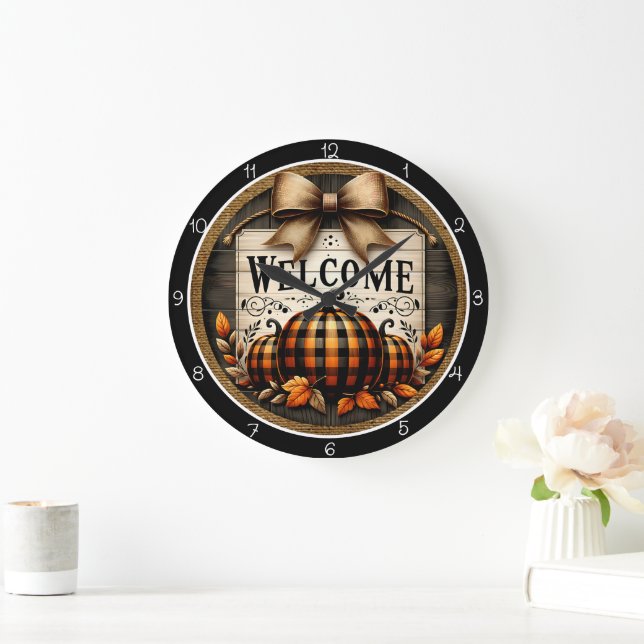 Welcome Plaid Pumpkins Large Clock (Home)