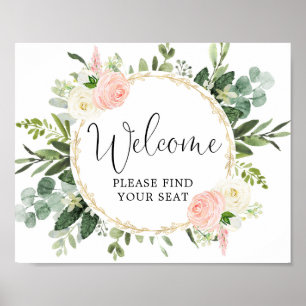 Welcome please find your seat sign pink greenery