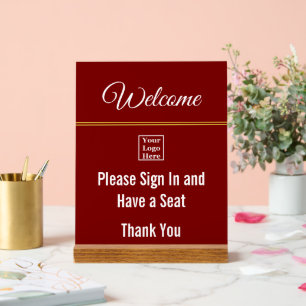 Welcome Please Sign In and Logo Deep Red Acrylic