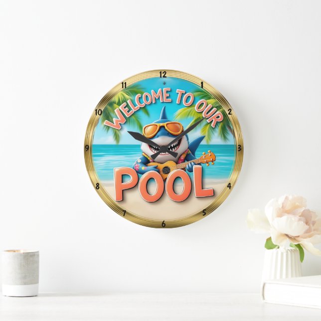 Welcome Pool Shark Ukulele Beach Large Clock (Home)