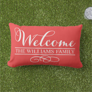 Welcome Poppy Red Custom Last Name Outdoor Pillow