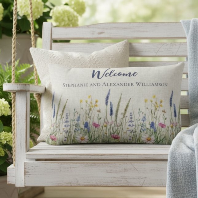 Welcome Porch Pillow – Wildflower Meadow (Botanical wildflower personalized porch pillow)