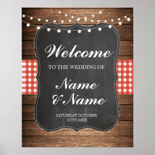 Welcome Poster Red Check Sign Wedding Wood Poster