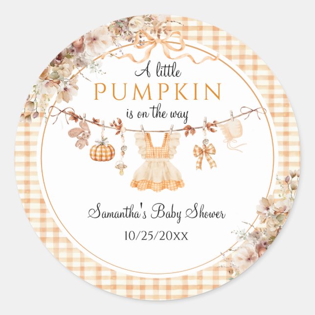 Welcome Pumpkin Girl Modern Fall Baby Shower Classic Round Sticker (Front)