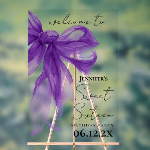 Welcome Purple Bow Coquette Script Sweet 16  Acrylic Sign