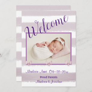 Welcome Purple Photo Script Personalize Birth Announcement