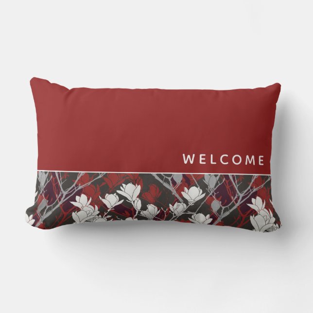 Welcome Red Black White & Grey Floral Design Lumbar Pillow (Front)