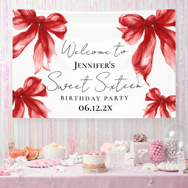 Welcome Red Bow Coquette Script Sweet 16  Banner (Party)