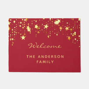 Welcome red gold stars family name doormat