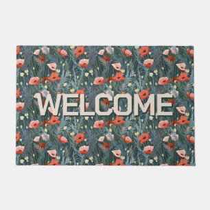 Welcome Red Poppy Meadow Doormat