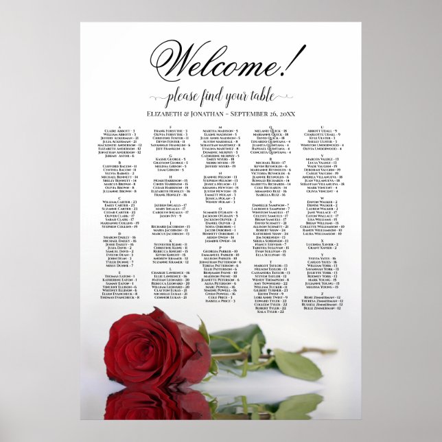 Welcome! Red Rose Alphabetical Seating Chart (Front)