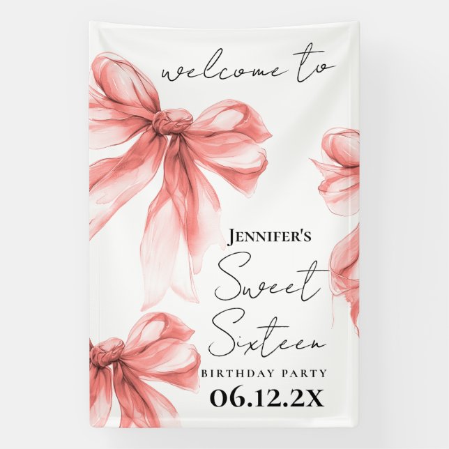 Welcome Rose Gold Bow Coquette Script Sweet 16  Banner (Vertical)