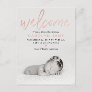 "Welcome" Rose Gold Foil Photo Birth Announcement Postcard