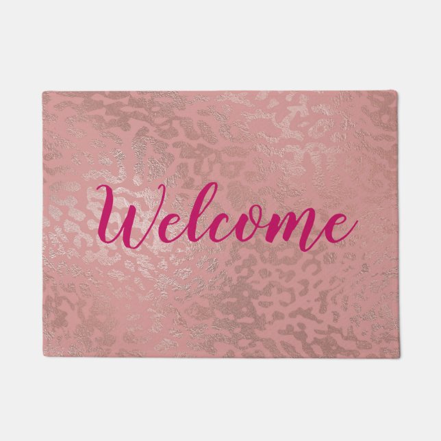 Welcome Rose Gold - Pink Cheetah Print Doormat (Front)