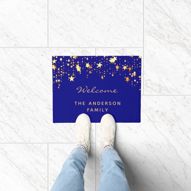 Welcome royal blue gold stars family name doormat (Indoor)