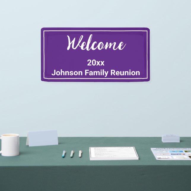 Welcome Royal Purple and White Name Family Reunion Banner (Tradeshow)