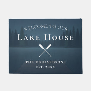 Welcome Rustic Lake House Oars Blue Family Name Doormat