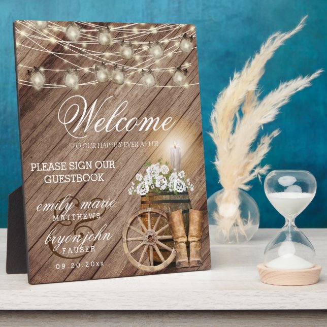 Welcome - Rustic Wood Barrel & White Floral Plaque (Side)