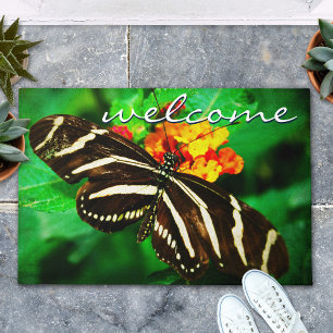 Welcome Script Black White Striped Butterfly Photo Doormat