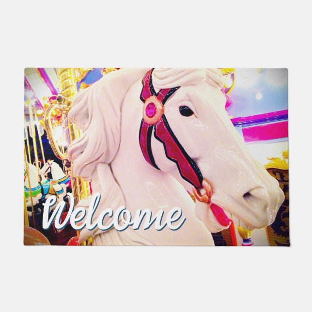 Welcome Script Bold Carnival Carousel Horse Photo Doormat (Front)