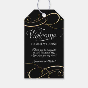 Welcome Script Calligraphy Black and Gold Scrolls Gift Tags