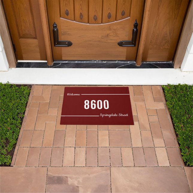 Welcome Script Dark Red and White Street Address  Doormat (Outdoor)