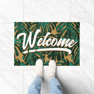 Welcome Script Green Brown Tropical Leaves  Doormat