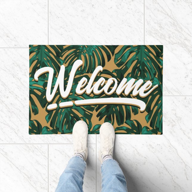 Welcome Script Green Brown Tropical Leaves  Doormat (Indoor)