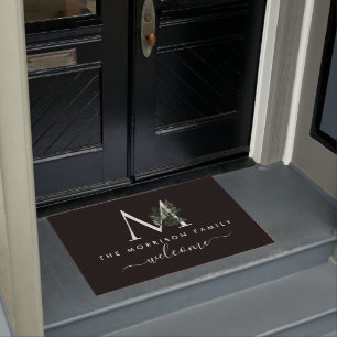 Welcome script monogrammed greenery black doormat