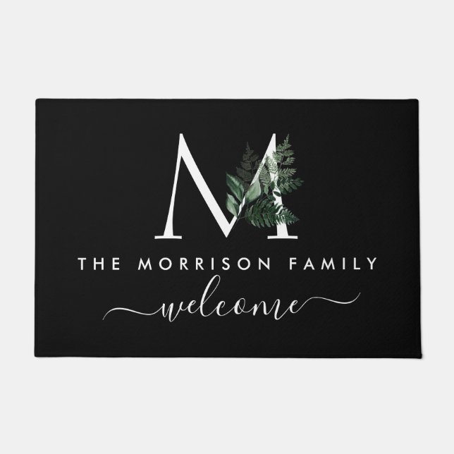 Welcome script monogrammed greenery black doormat (Front)