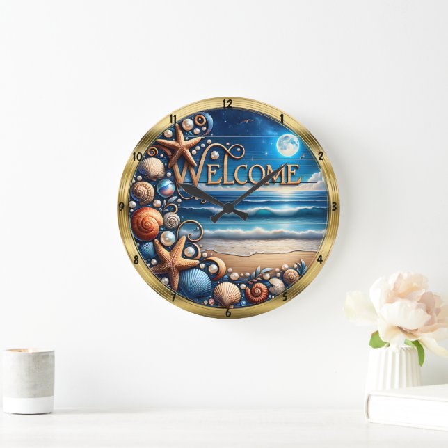Welcome Seashell Starfish Moonlight Beach Large Clock (Home)