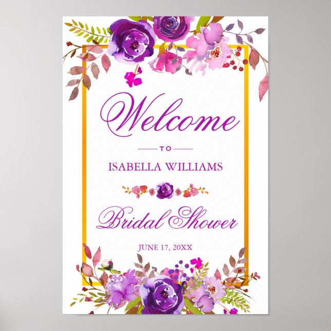 Welcome Sign | Elegant Chic Gold Purple Floral (Front)