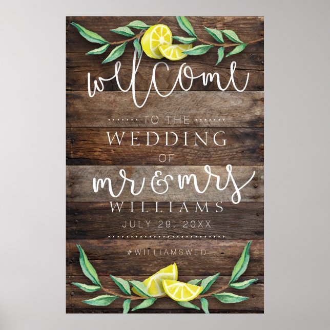 WELCOME SIGN | Rustic Wood Lemon Wedding Poster (Front)