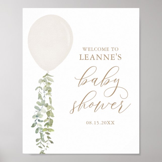 Welcome Sign White Balloon Eucalyptus Baby Shower (Front)