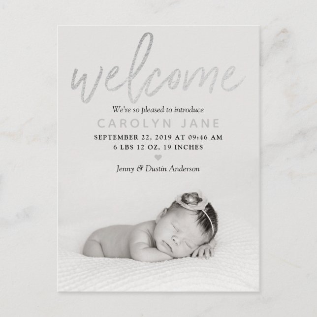 "Welcome" Silver Foil Photo Birth Announcement (Front)
