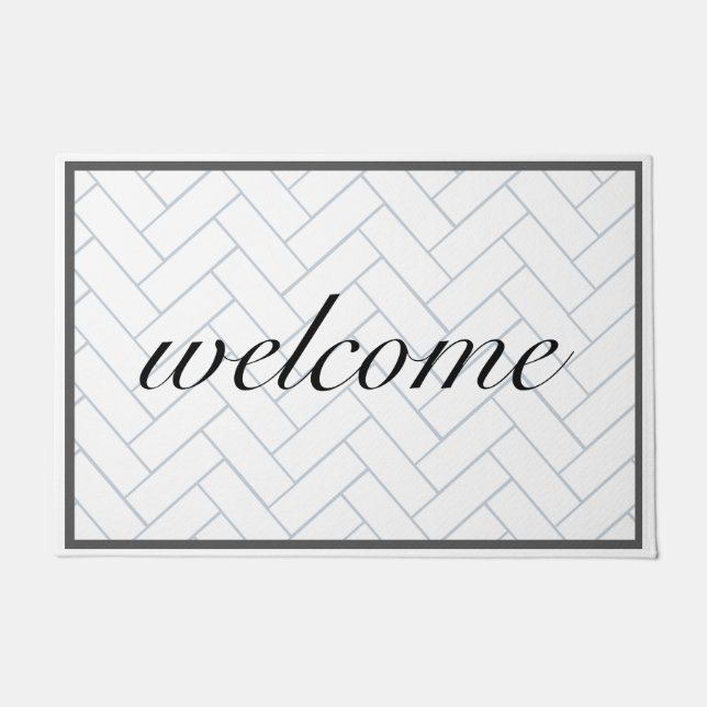 Welcome Simple Black White Chevron Tile Farmhouse Doormat (Front)