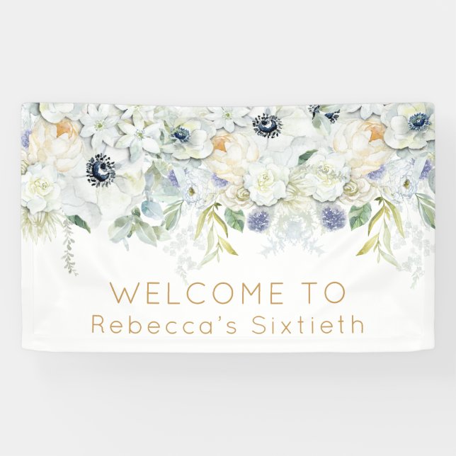Welcome Sixtieth Birthday Name White Florals Leaf Banner (Horizontal)