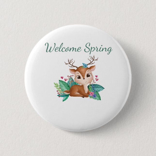 Welcome Spring Deer 2 Inch Round Button (Front)